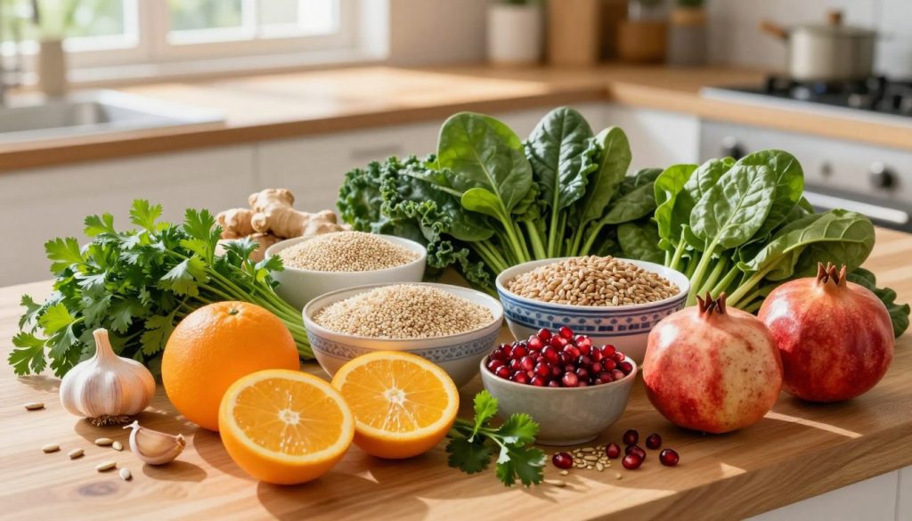 A beautifully arranged display of immune-boosting foods: vibrant fruits like oranges, berries, and pomegranates in the foreground, alongside leafy greens such as spinach and kale. Include garlic and ginger, fresh herbs like parsley and cilantro interspersed for color. In the middle ground, feature whole grains like quinoa and brown rice in decorative bowls, with nuts and seeds scattered artistically around. The background should depict a warm, inviting kitchen with natural light streaming in through a window, casting soft shadows on a wooden countertop. The atmosphere is healthy and vibrant, suggesting wellness and vitality, evoking a sense of nourishment and life. Use a slightly elevated angle for an engaging perspective that encapsulates the beauty and diversity of these foods.
