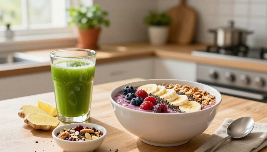 A beautifully arranged immune-boosting breakfast featuring a colorful smoothie bowl topped with fresh berries, banana slices, chia seeds, and a sprinkle of granola. In the foreground, place a vibrant green juice with a slice of ginger and a lemon wedge beside it. Add a small dish of mixed nuts and seeds for added texture. The middle background should showcase a sunny kitchen with wooden accents and potted herbs on the counter, creating a warm and inviting atmosphere. Gentle morning sunlight filters through a window, casting soft shadows and an overall uplifting mood. The camera angle is slightly elevated to capture the entire breakfast spread, creating a sense of abundance and health.