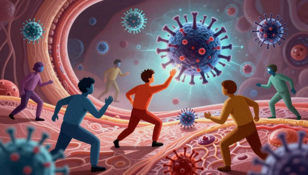 A dynamic illustration of the immune system in action, depicting immune cells as colorful, stylized figures engaged in detecting viruses. In the foreground, various immune cells like T-cells and B-cells are actively scanning their environment, radiating vibrancy and energy. In the middle ground, the viral threats, represented as ominous, dark, spiky viruses, are clearly visible, surrounded by a glowing aura to signify danger. The background should feature a stylized representation of human tissues, illustrated in soft hues, emphasizing the connection to the human body without being too realistic. The lighting should be dramatic with contrasting shadows to create a sense of urgency and tension, evoking the serious nature of the immune response. The overall atmosphere should be one of action and vigilance, capturing the critical first step of the immune system's fight against viral threats.