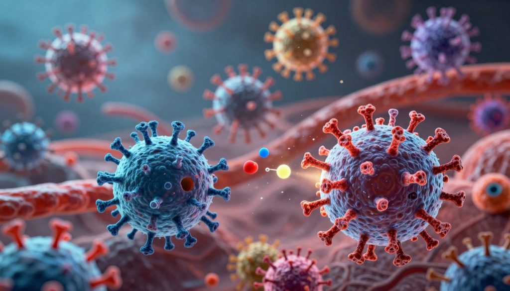 A dynamic scene depicting immune cells, such as macrophages and neutrophils, actively engaging with abstract representations of viruses in a colorful, microscopic environment. In the foreground, a macrophage is shown engulfing a virus, with vivid textures highlighting its cellular structure. In the middle ground, other immune cells are shown in motion, sending out signals or releasing chemicals to combat the viruses. The background features an abstract, blurred landscape of the bloodstream, with scattered viral particles appearing in various shapes and colors. The lighting is bright and dramatic, casting shadows that emphasize the action and urgency of the immune response. The overall mood is intense and energetic, illustrating the strength and resilience of the immune system in its first line of defense.