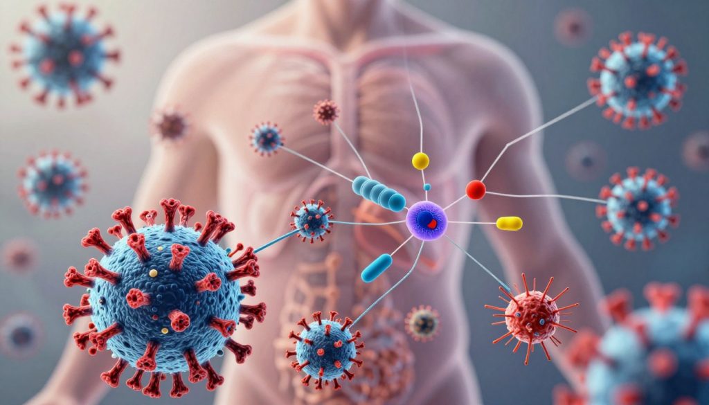 A scientifically detailed illustration of antiviral immunity pathways, featuring a dynamic representation of immune cells such as T-cells and B-cells engaging with viruses. In the foreground, vibrant, stylized T-cells are depicted recognizing and attacking viral particles, showcasing their specialized receptors. The middle ground presents an intricate network of antibodies binding to pathogens, with colorful symbols indicating various immune responses. The background features a faint depiction of a human body silhouette, emphasizing the internal defense system. Soft, focused lighting highlights the cells and pathways, creating a bright yet serious atmosphere that conveys the complexity of adaptive immunity. A slight depth of field effect adds texture to the image, while maintaining clarity on the immune interactions.