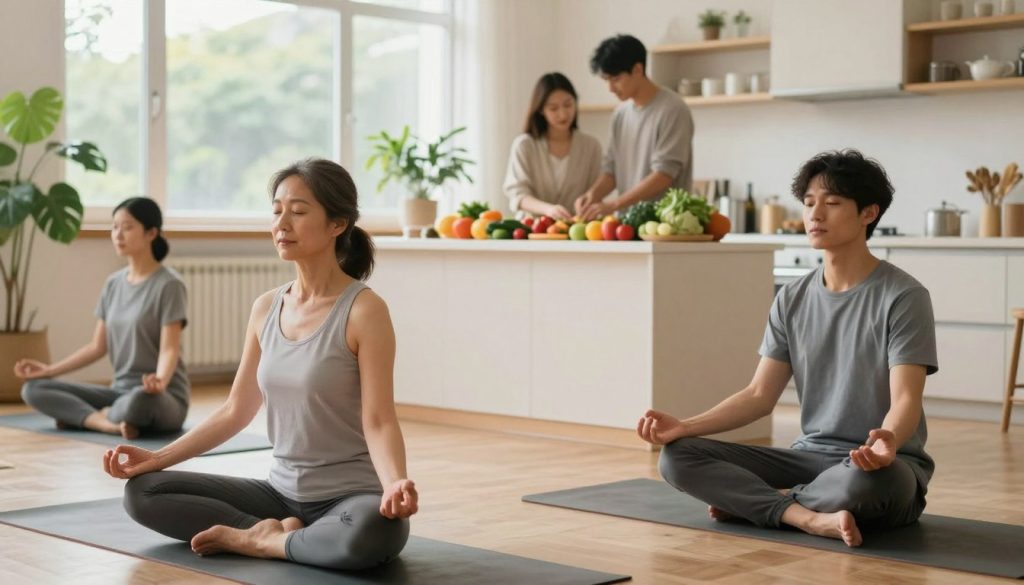 A serene indoor scene depicting a diverse group of individuals engaged in healthy activities that promote immune health. In the foreground, a middle-aged woman is practicing yoga, demonstrating a calming pose on a mat. Beside her, a young man is meditating with a peaceful expression. In the middle ground, a couple is preparing a colorful assortment of fresh fruits and vegetables on a kitchen counter, emphasizing nutritious eating. The background features large windows allowing natural light to flood in, surrounded by indoor plants for a refreshing ambiance. Soft, warm lighting creates a cozy atmosphere, evoking tranquility and balance. The overall mood is one of wellness and harmony, showcasing the importance of movement, sleep, and stress management to support immune resilience.
