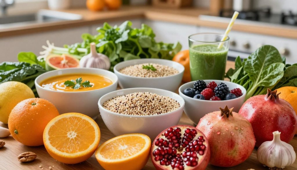 A vibrant and inviting scene showcasing an array of healthy foods that enhance the immune system. In the foreground, display fresh fruits like oranges, vibrant berries, and pomegranates, glistening with droplets of water to emphasize freshness. Include a selection of leafy greens, garlic, and nuts to convey a diverse nutrient-rich palette. In the middle ground, incorporate whole grains such as quinoa and brown rice, complemented by bowls of vibrant soups and smoothies packed with herbs and spices, all arranged artfully. The background features a softly blurred kitchen environment, with warm, natural lighting that creates a cozy and nourishing atmosphere. Use a slightly elevated angle to capture the layout, conveying a sense of abundance and health. The mood is uplifting and inviting, emphasizing the concept of wellness through nutrition.