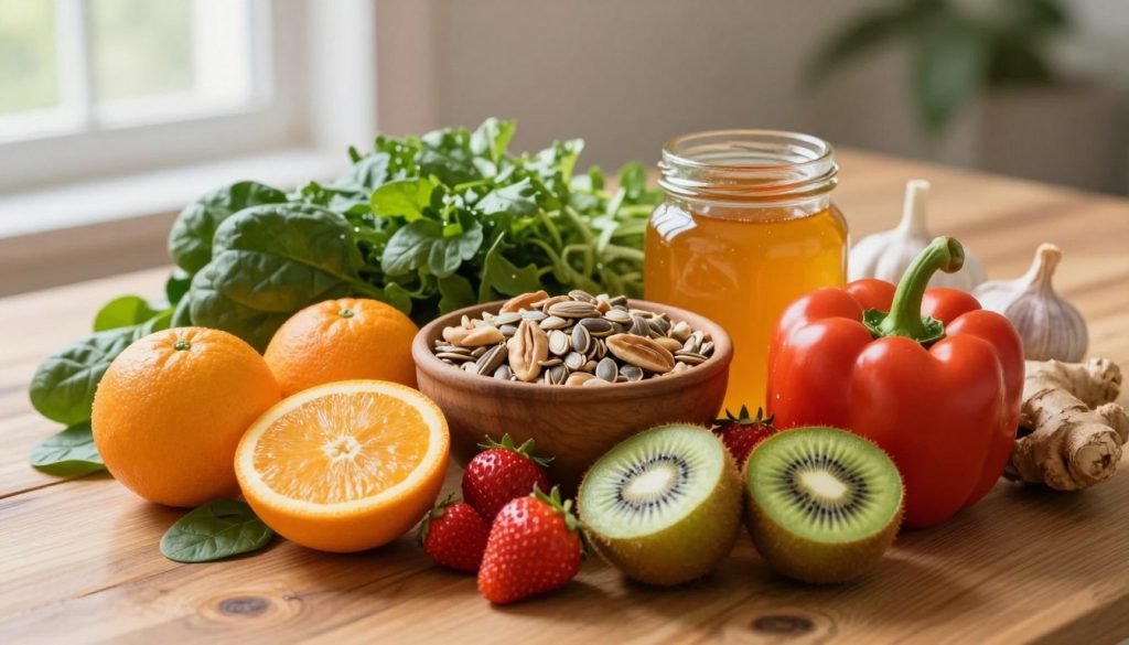 A vibrant display of immune-boosting foods arranged artfully on a wooden table. In the foreground, fresh fruits such as oranges, strawberries, and kiwi are interspersed with colorful vegetables like bell peppers and spinach. In the middle ground, a rustic bowl filled with nuts and seeds adds texture, while a glass jar of honey glistens next to it. The background features soft-focus herbs like garlic and ginger, enhancing the natural theme. Warm, natural lighting filters through a nearby window, casting gentle shadows and creating a cozy atmosphere. The scene conveys health and vitality, inviting viewers to explore the benefits of nutrition in strengthening the body's natural defenses.