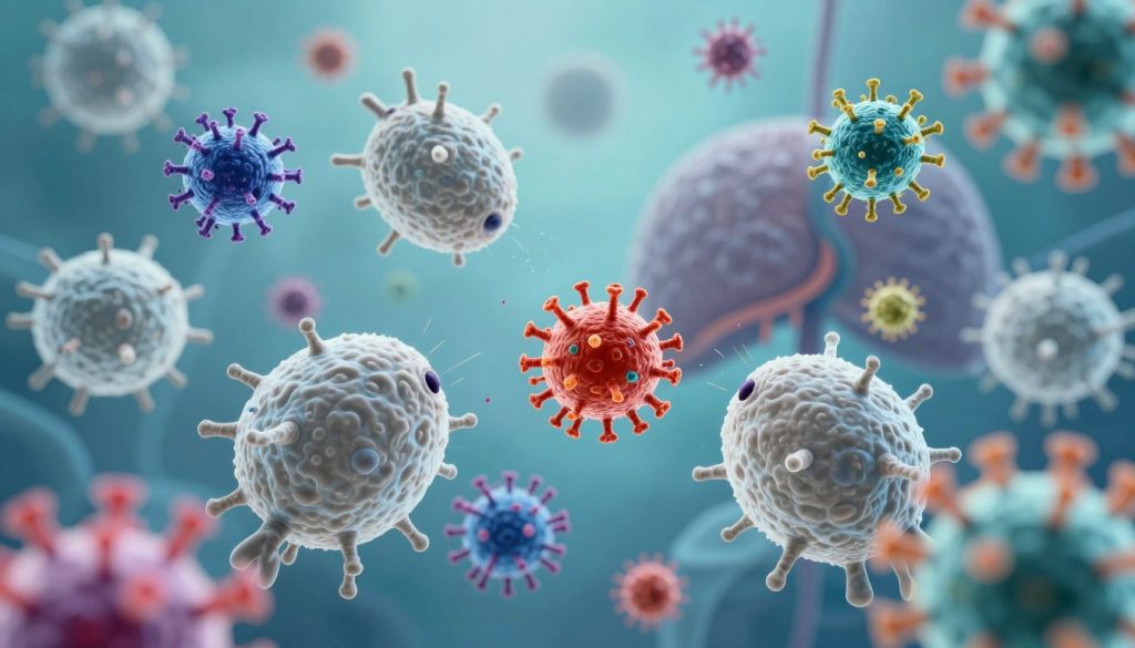 A vibrant illustration of the antiviral immune defense in action, showcasing a dynamic scene. In the foreground, a group of white blood cells, depicted as robust and diverse, actively targeting and neutralizing colorful viruses. The middle ground reveals intricate interactions between T-cells and infected cells, creating a sense of movement and urgency. In the background, a faint representation of an organ, such as a lymph node, is illustrated with calm blue and green tones, symbolizing health and recovery. The lighting is bright and clinical, creating a sense of clarity and purpose. Use a macro lens perspective to capture the detail of the immune cells, with a slightly blurred background to emphasize the focus on the immune response. The overall mood is hopeful and energetic, reflecting the resilience of the immune system in clearing infections.