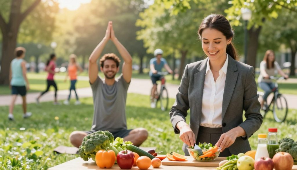 A vibrant, wellness-themed scene depicting a diverse group of individuals engaged in activities that strengthen the immune system. In the foreground, a cheerful woman in professional business attire is preparing healthy meals with colorful fruits and vegetables, demonstrating nutrition's importance. In the middle ground, a smiling man performs yoga surrounded by greenery, showcasing physical wellness and mindfulness. The background features a sunlit park with people walking, jogging, and cycling, portraying a healthy community lifestyle. Natural light filters through the trees, casting a warm glow over the scene, creating an atmosphere of positivity and vitality. The overall mood is uplifting and health-focused, emphasizing the theme of boosting immunity.
